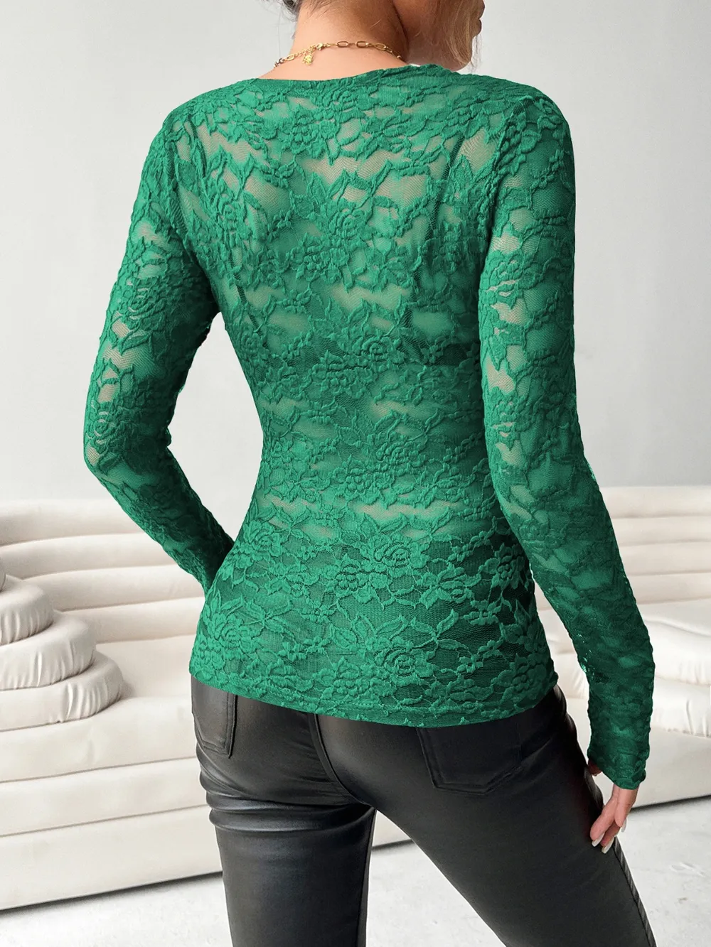 V-Neck Long Sleeve Lace Top, image 17
