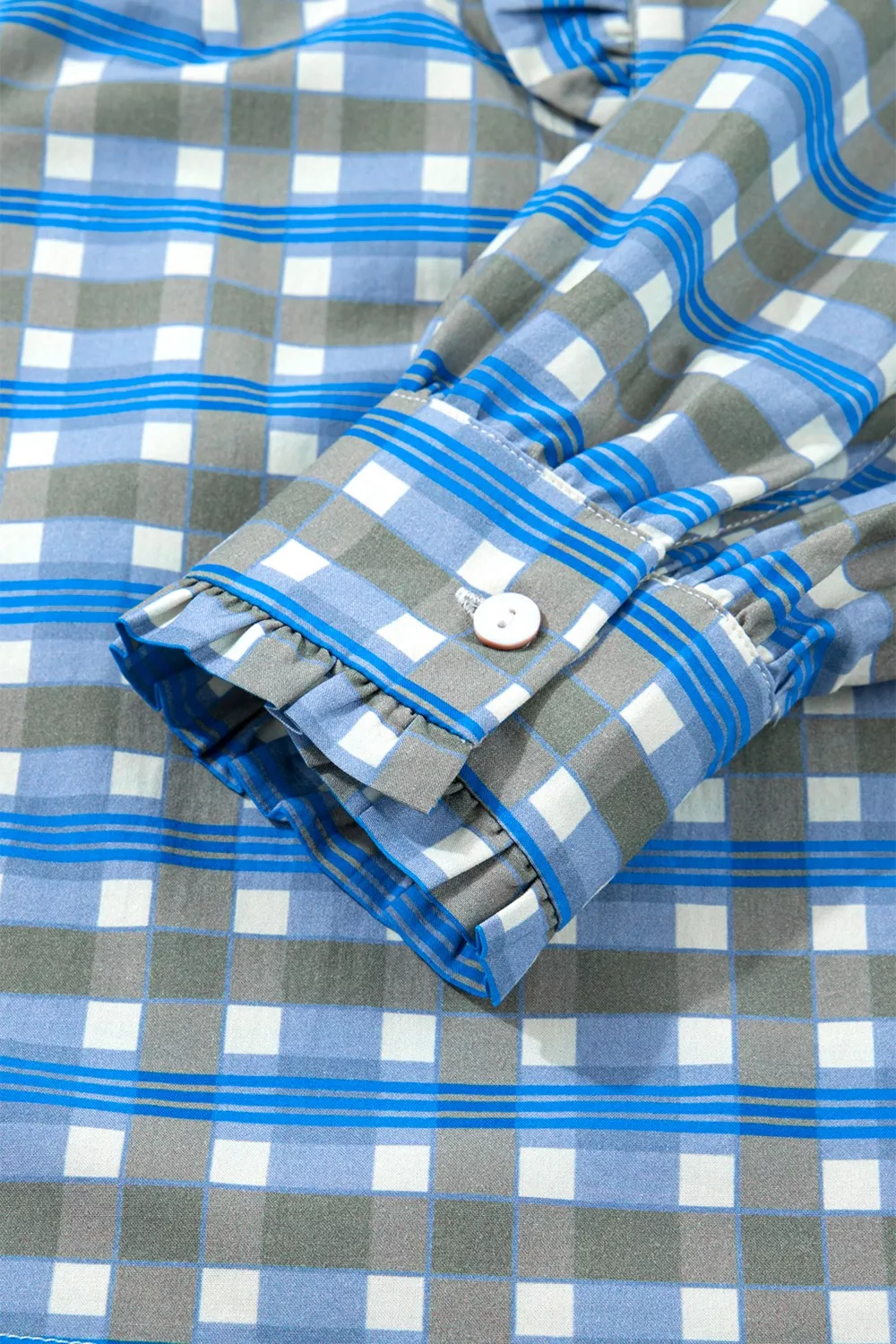Plaid Long Sleeve Frilled Detail Half Button Blouse, image 6