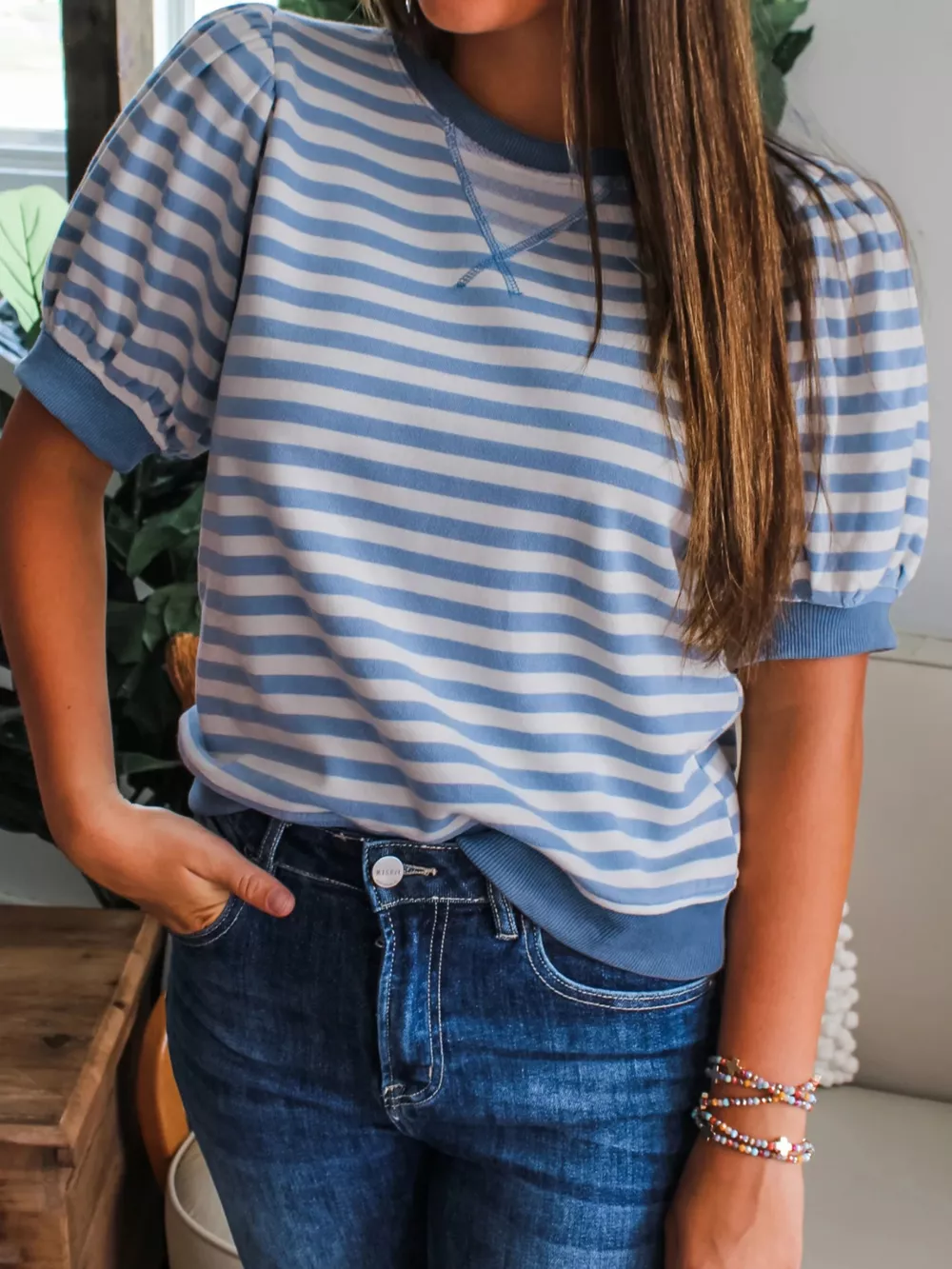 Stripe Short Bubble Sleeve T Shirt, image 6