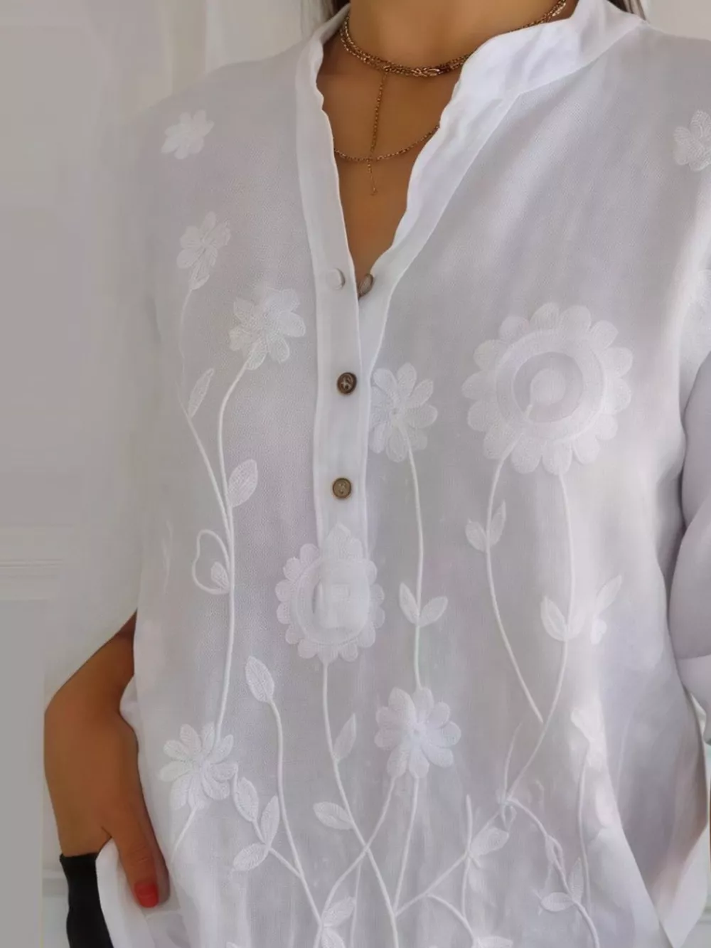 Full Size Floral Embroidered Button Detail Blouse Plus Size, image 6