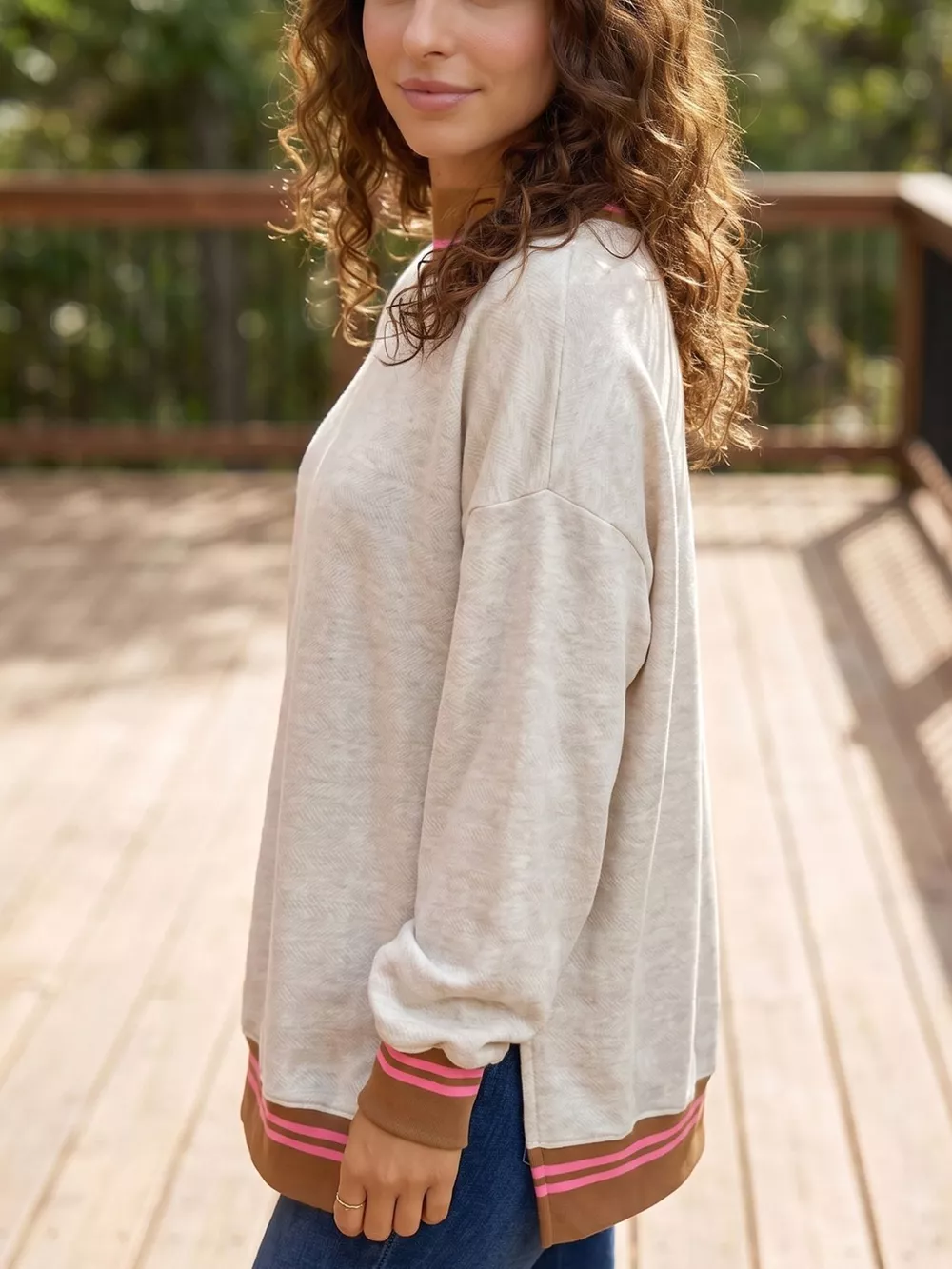 Ribbed Stand Neck Long Sleeve Loose Fit Sweatshirt, image 5