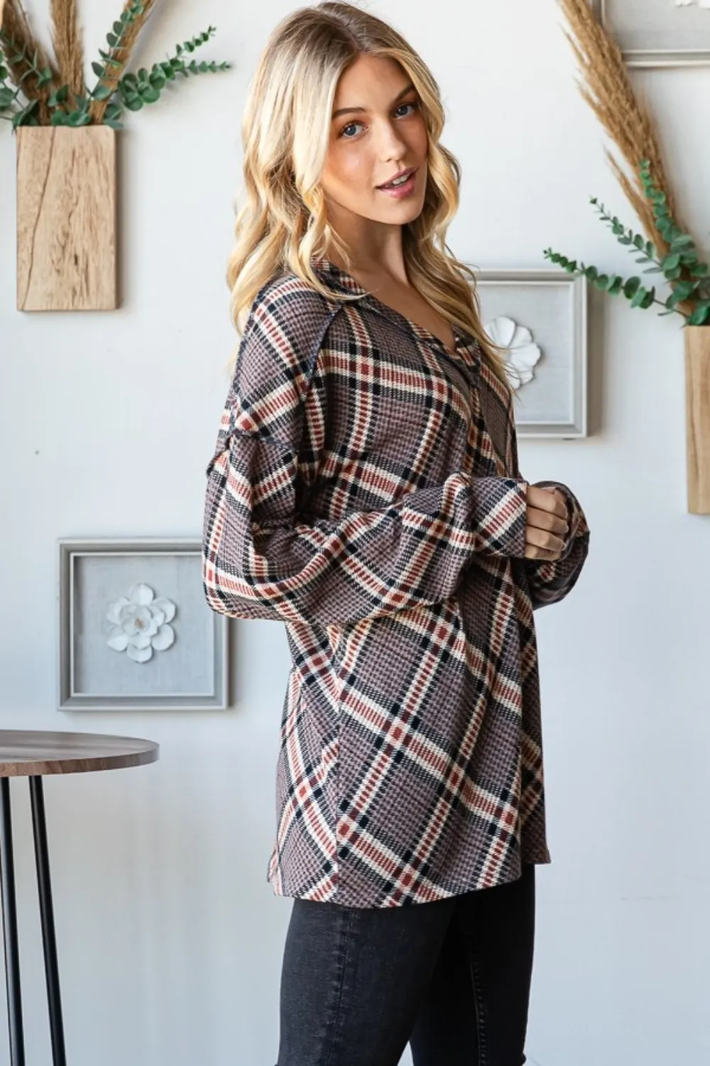 Plaid Exposed Seam V-Neck T-Shirt, image 3