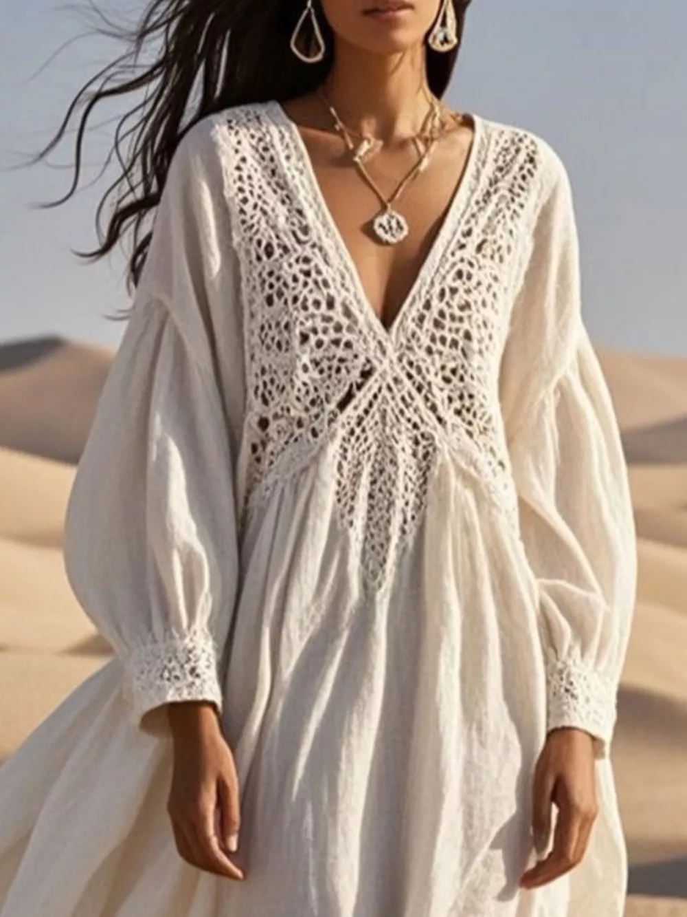 Crochet Trimmed V-Neck Midi Dress, image 2