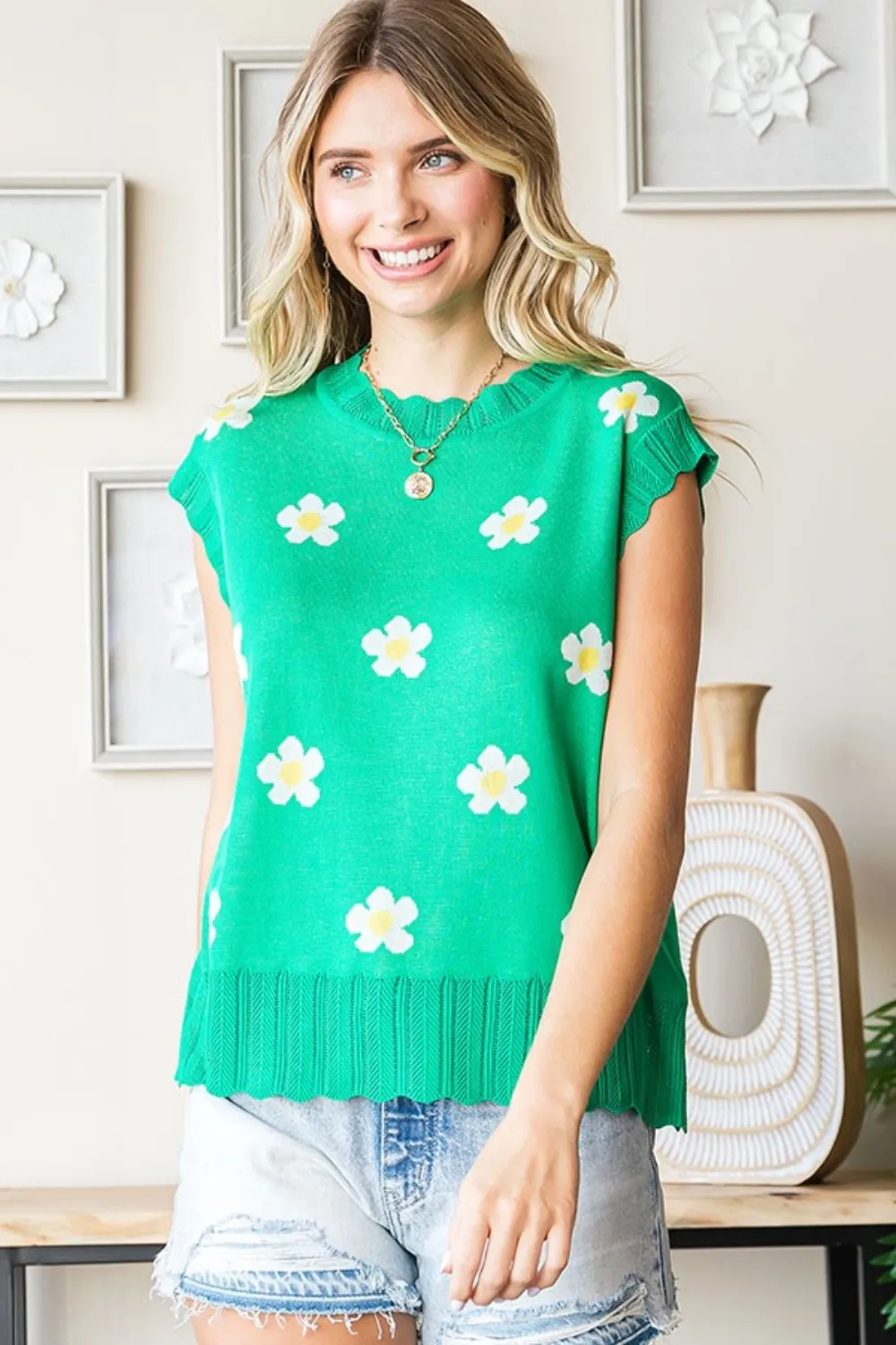 Full Size Flower Pattern Round Neck Sweater Vest, image 4