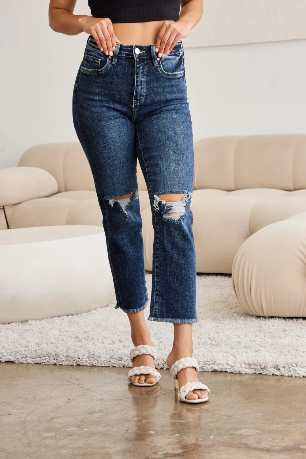 Crop Dylan Full Size Tummy Control Distressed High Waist Raw Hem Jeans, image 9