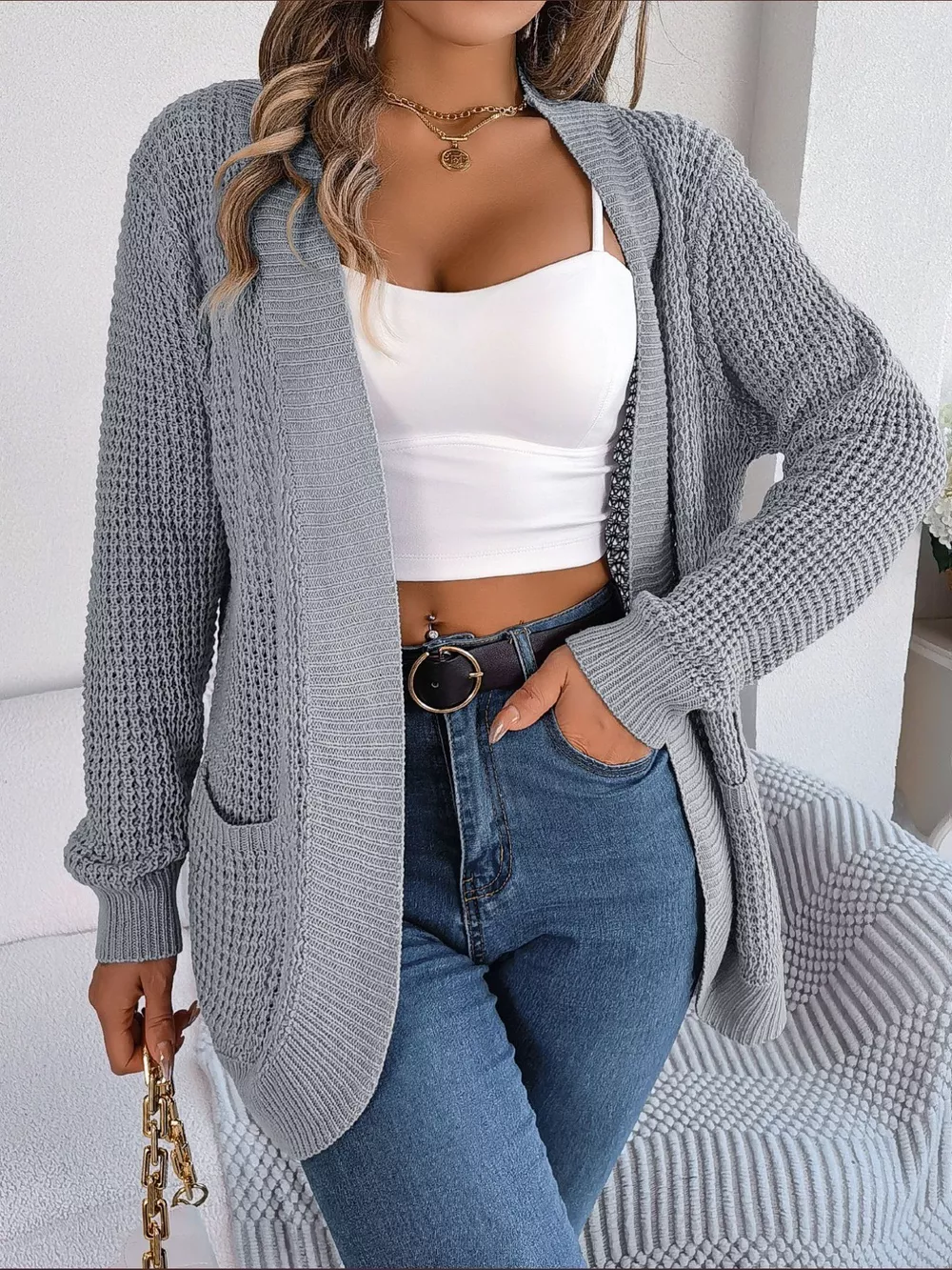 Chunky Knit Open Front Cardigan with Pockets, image 19