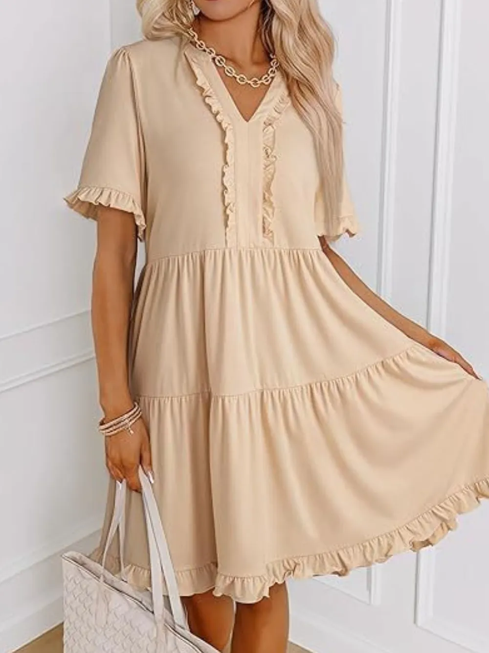 Tiered Notched Short Sleeve Mini Dress, image 13