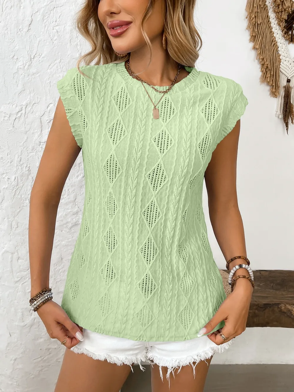 Eyelet Round Neck Cap Sleeve Top, image 10