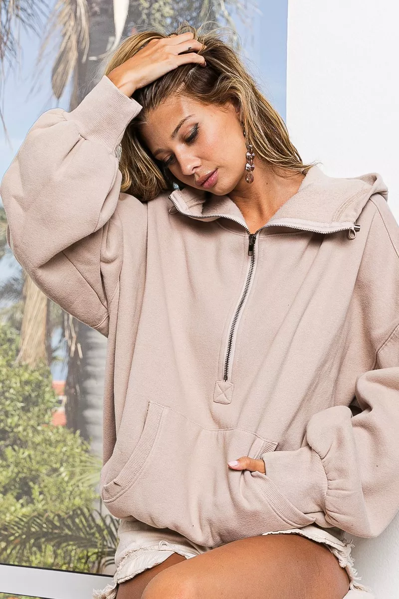 Stitch Detailed Elastic Hem Half Zip Fleece Hoodie, image 3