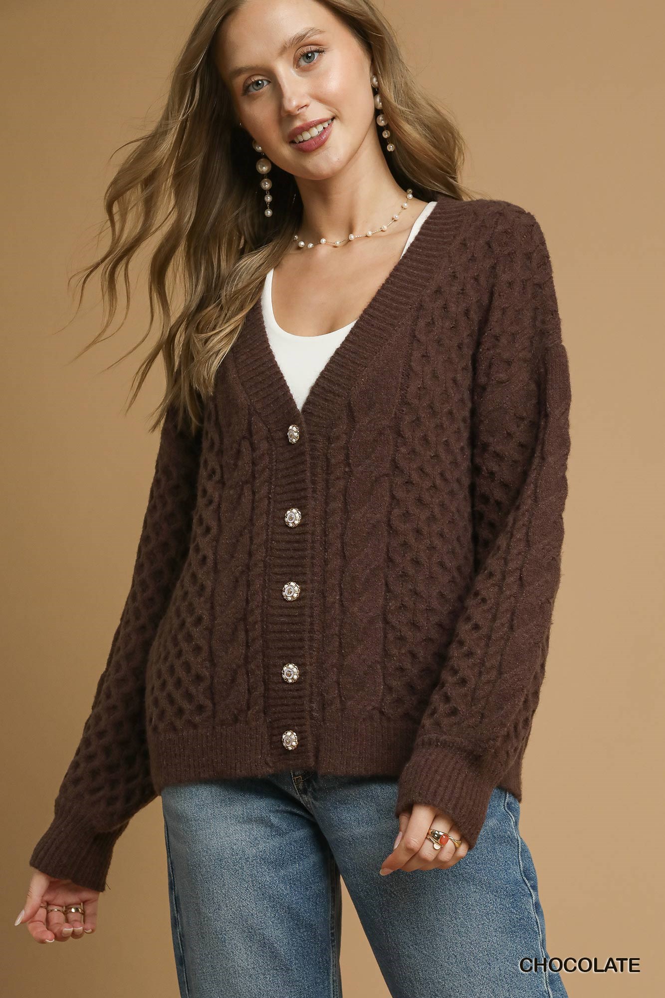 Cable Knit Pearl Button Cardigan