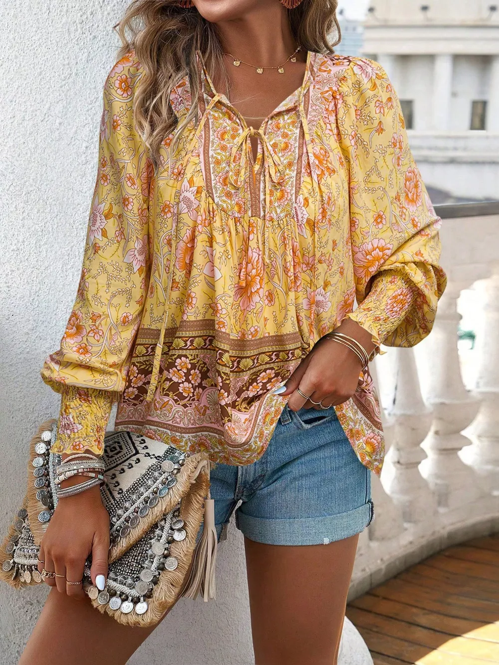 Floral Print Tie Neck Bohemian Blouse, image 11