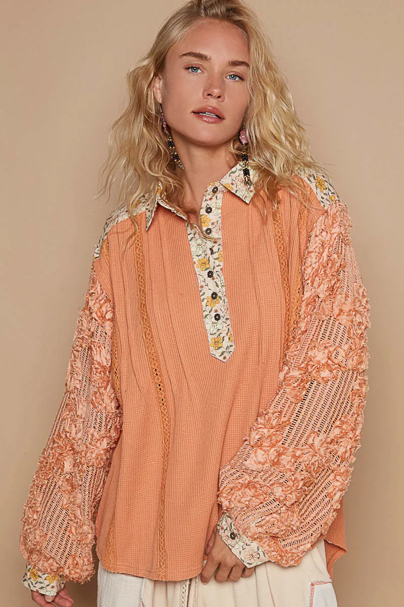 Floral Half Button Lace Detail Long Sleeve Top