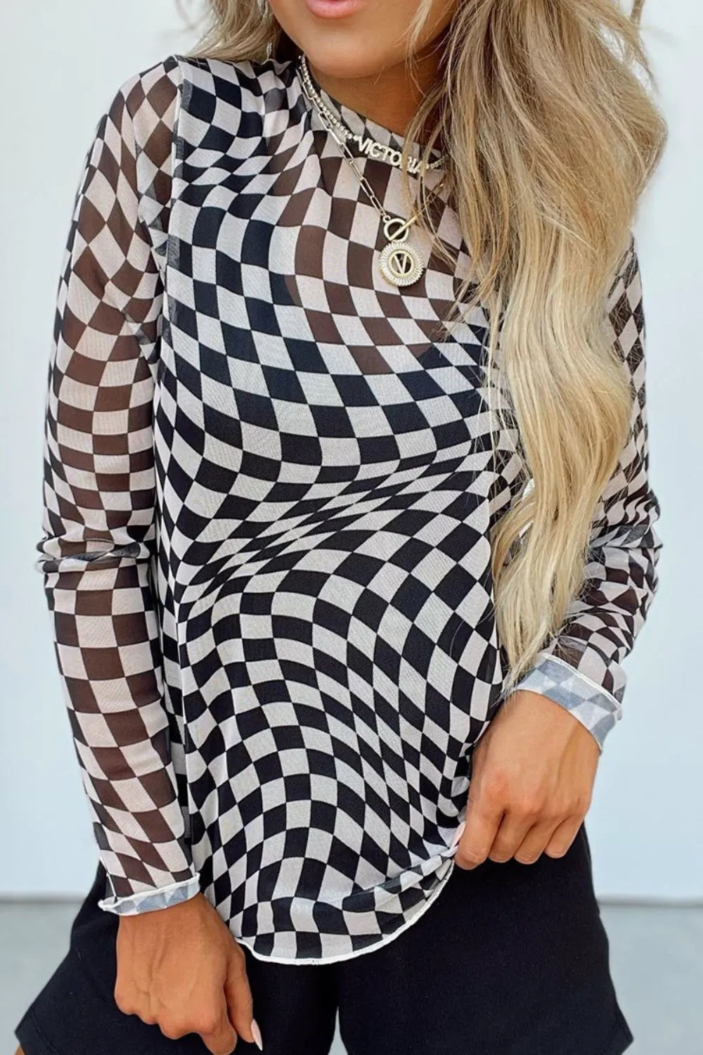 Checkered Mock Neck Long Sleeve Blouse, image 10
