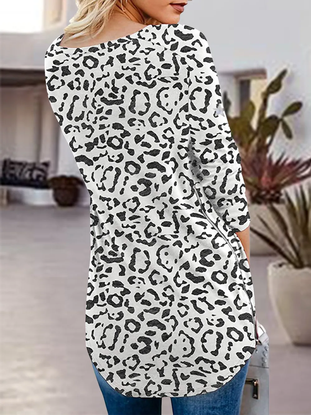 Full Size Side Zip Printed V-Neck Long Sleeve T-Shirt, image 5