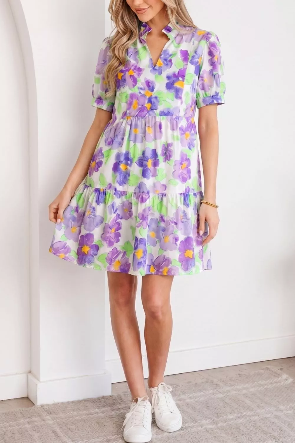 Floral V Collar Short Sleeve Tiered Ruffle Mini Dress, image 2