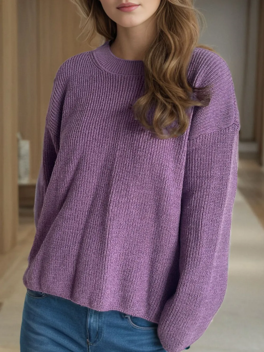 Solid Color Round Neck Long Sleeve Sweater, image 11