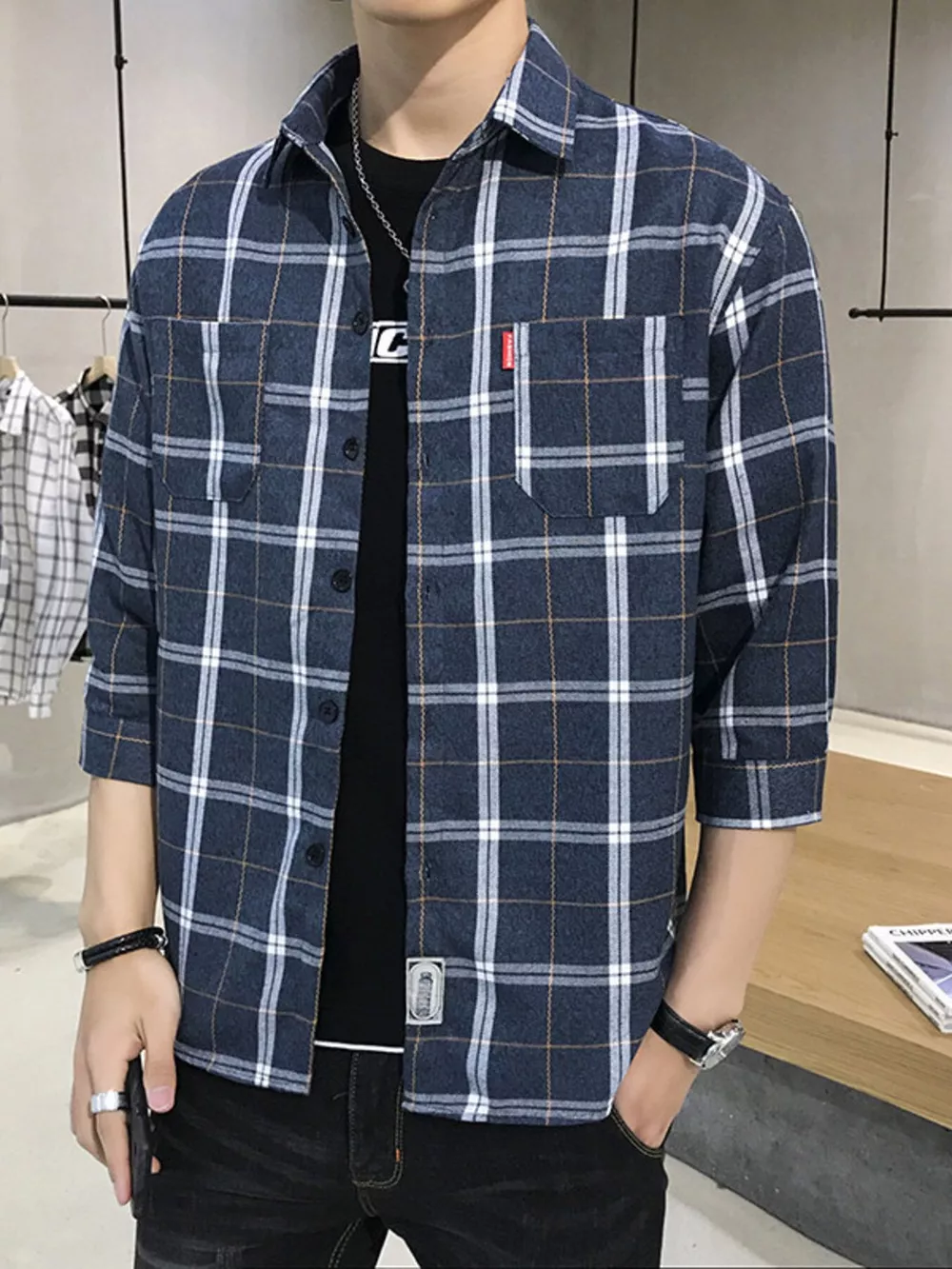 Men's Plus Size Casual Plaid 3/4 Sleeve Shirt, image 2