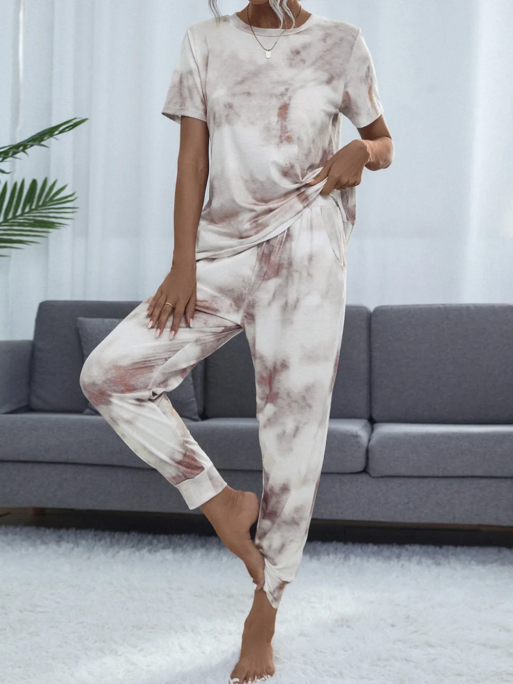 Tie-Dye Round Neck Short Sleeve Top and Pants Lounge Set, image 3