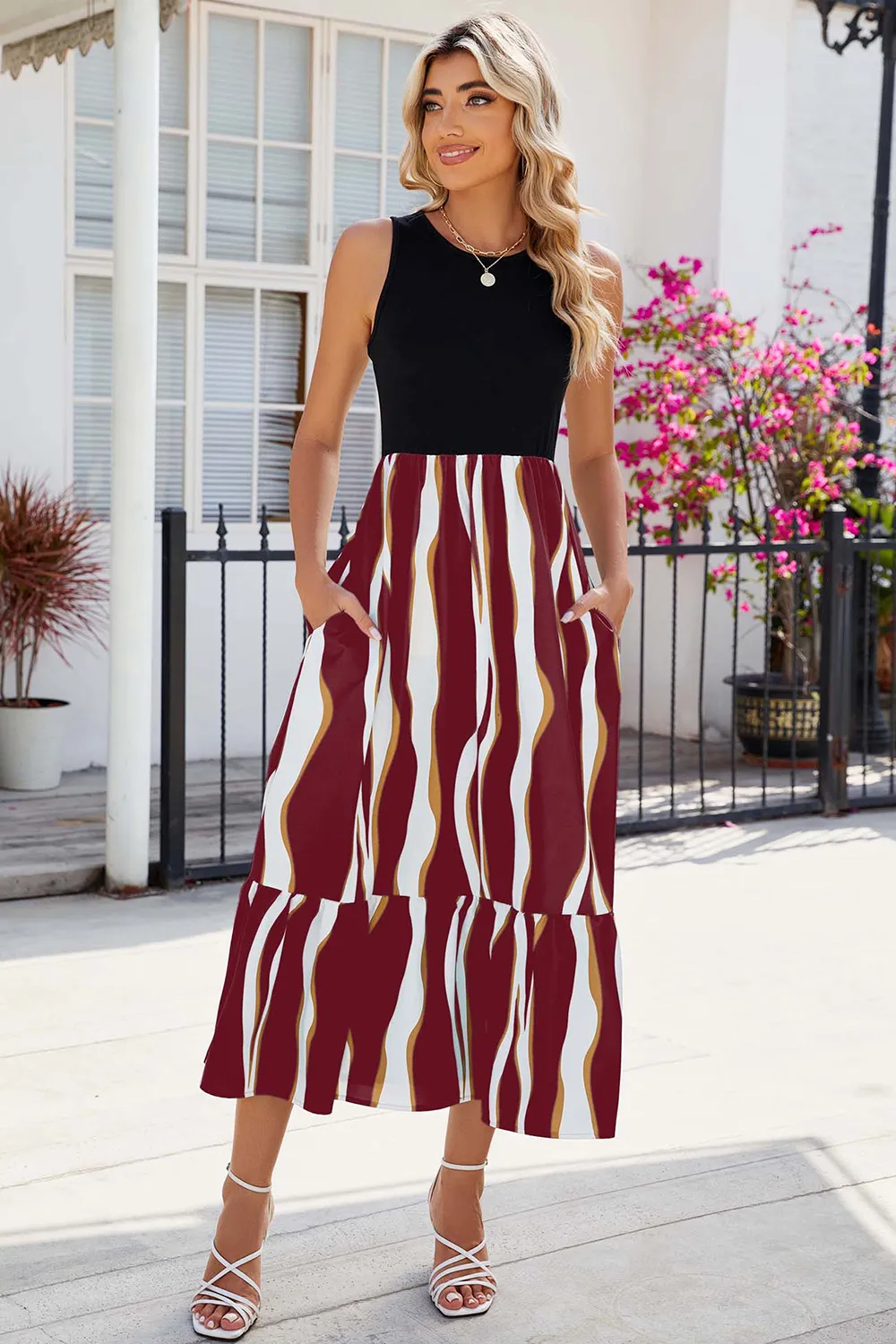 Striped Round Neck Sleeveless Midi Dress, image 4