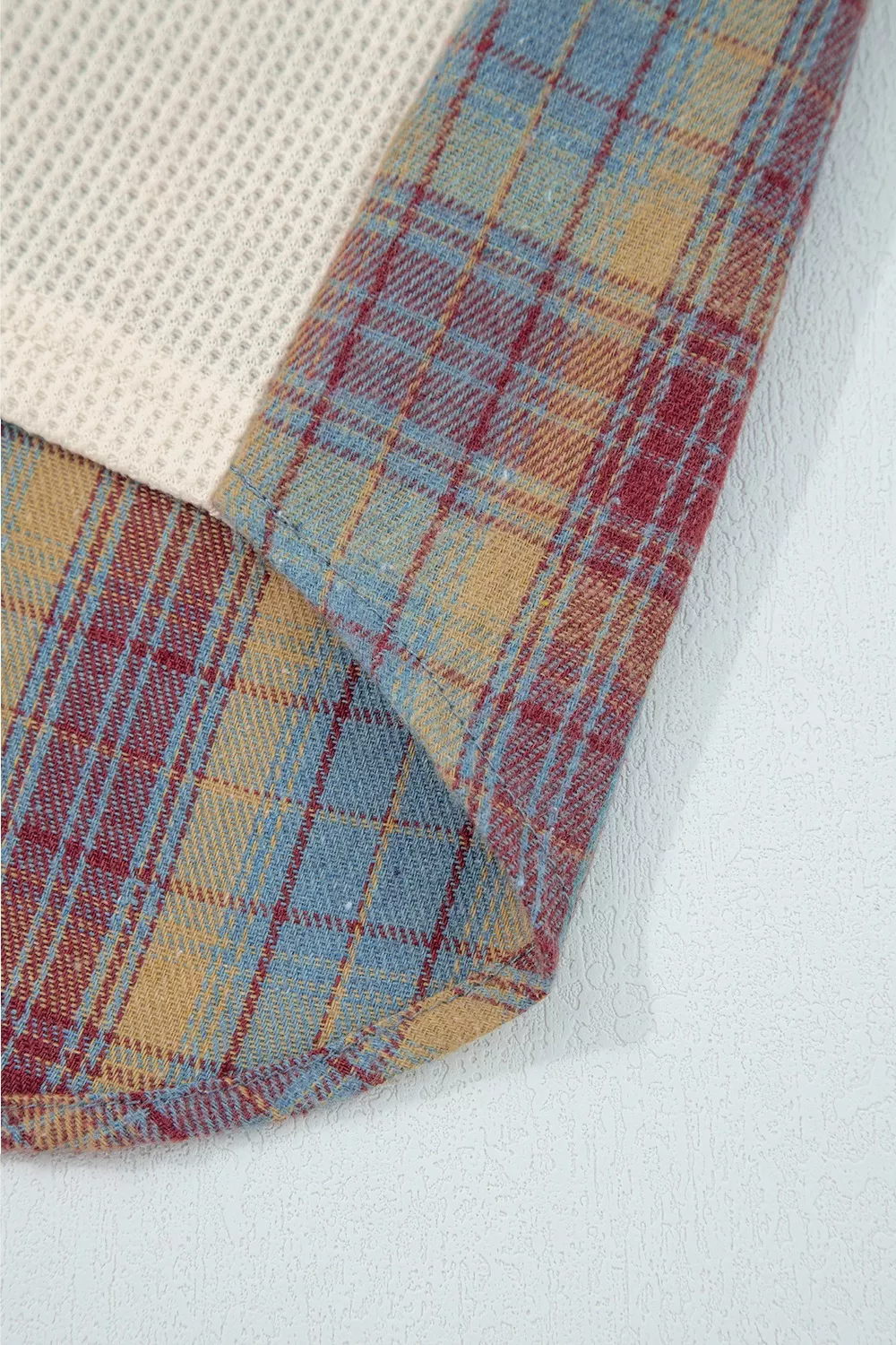Waffle Knit Plaid Patchwork Long Sleeve Blouse, image 6