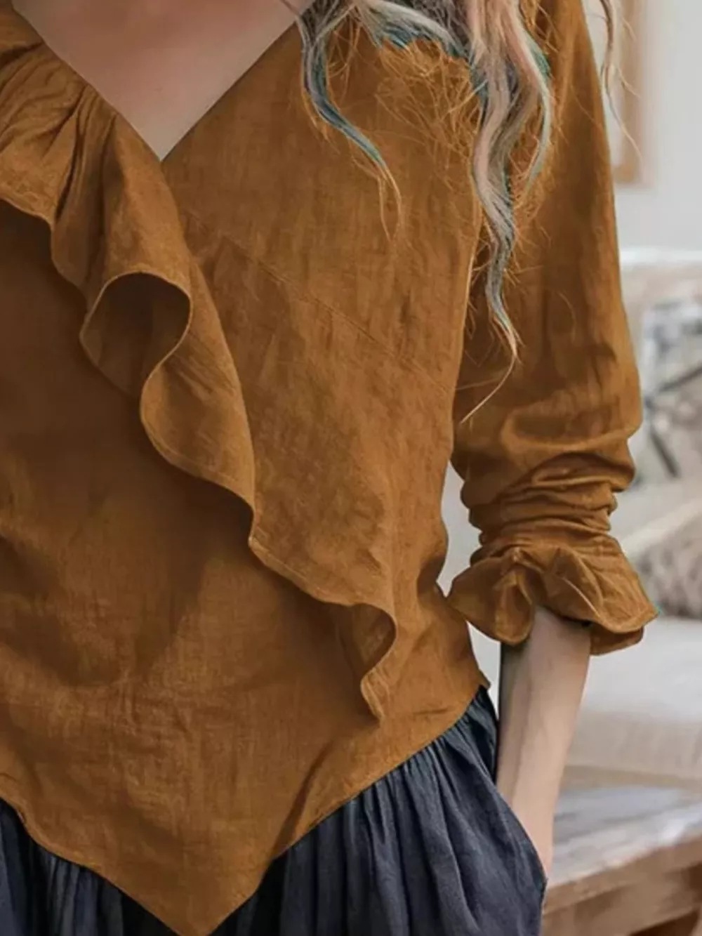V-Neck Ruffled Long Sleeve Blouse, image 11