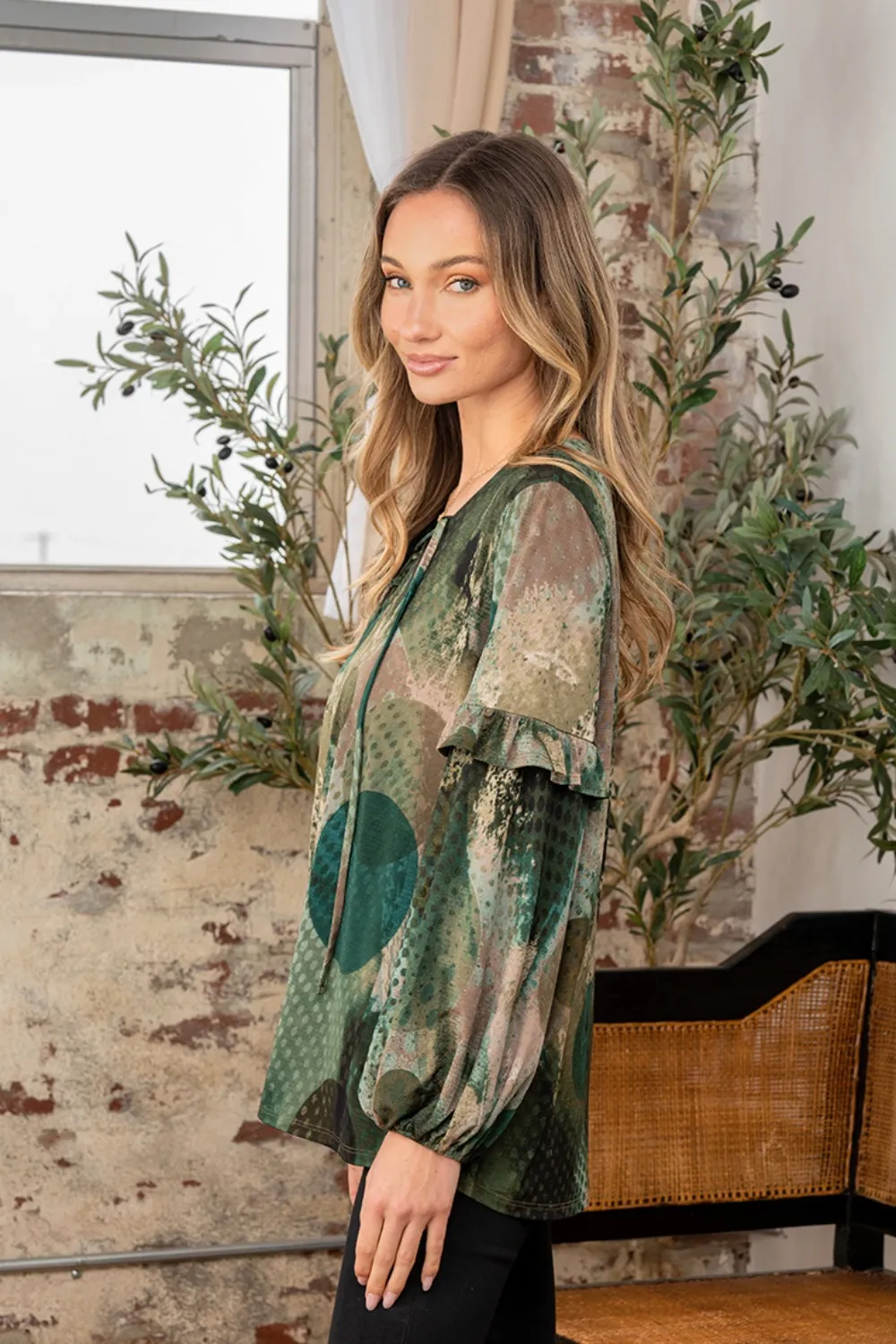 Full Size Snakeskin Print Long Sleeve Top with Ruffle, image 3