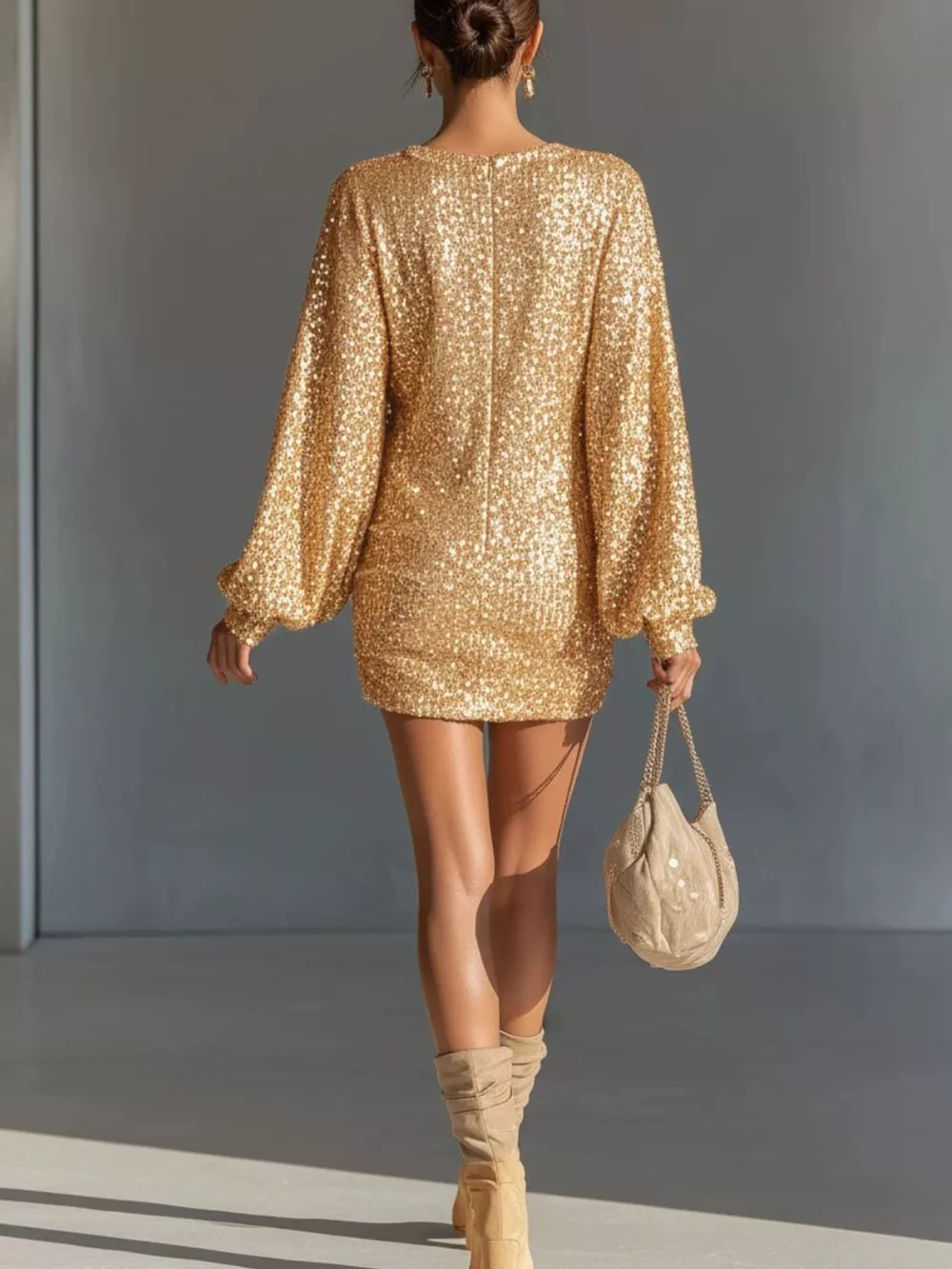 Sequin Long Sleeve Ruched Mini Dress, image 3