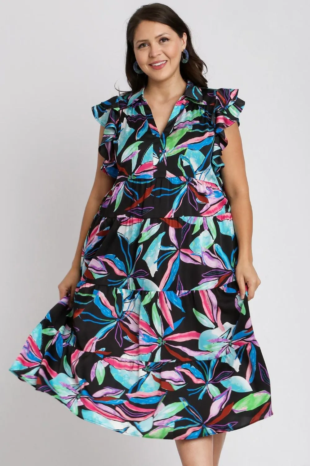 Full Size Leaf Print Double Layered Ruffle Sleeve Tiered Midi Dress Plus Size, image 5