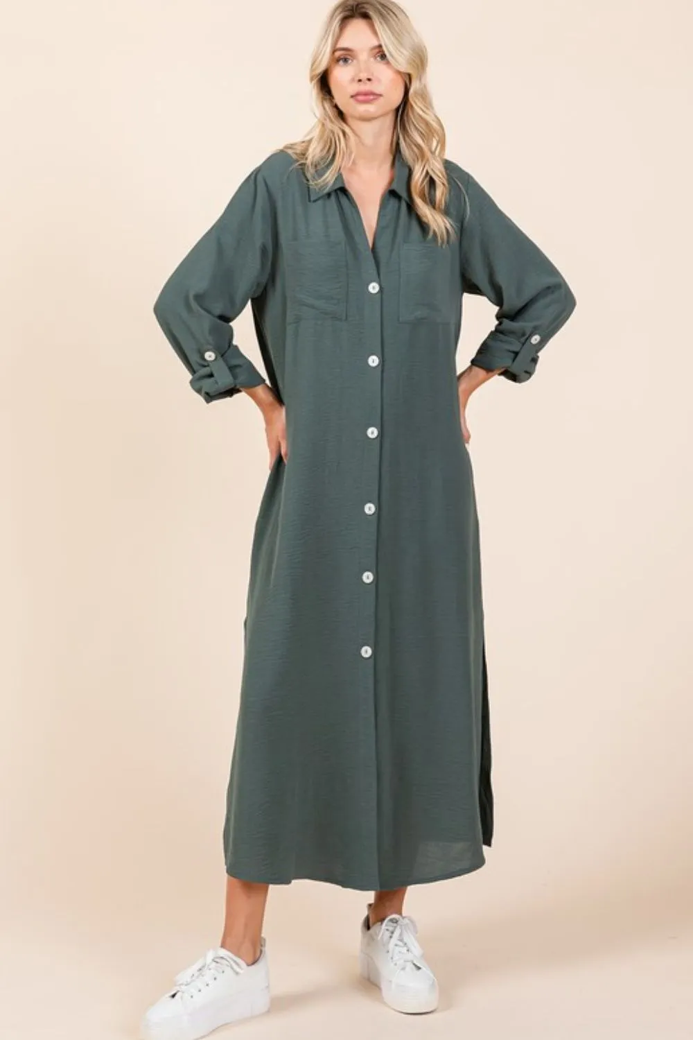 Airflow V-Neck Long Sleeve Button Down Maxi Dress, image 5
