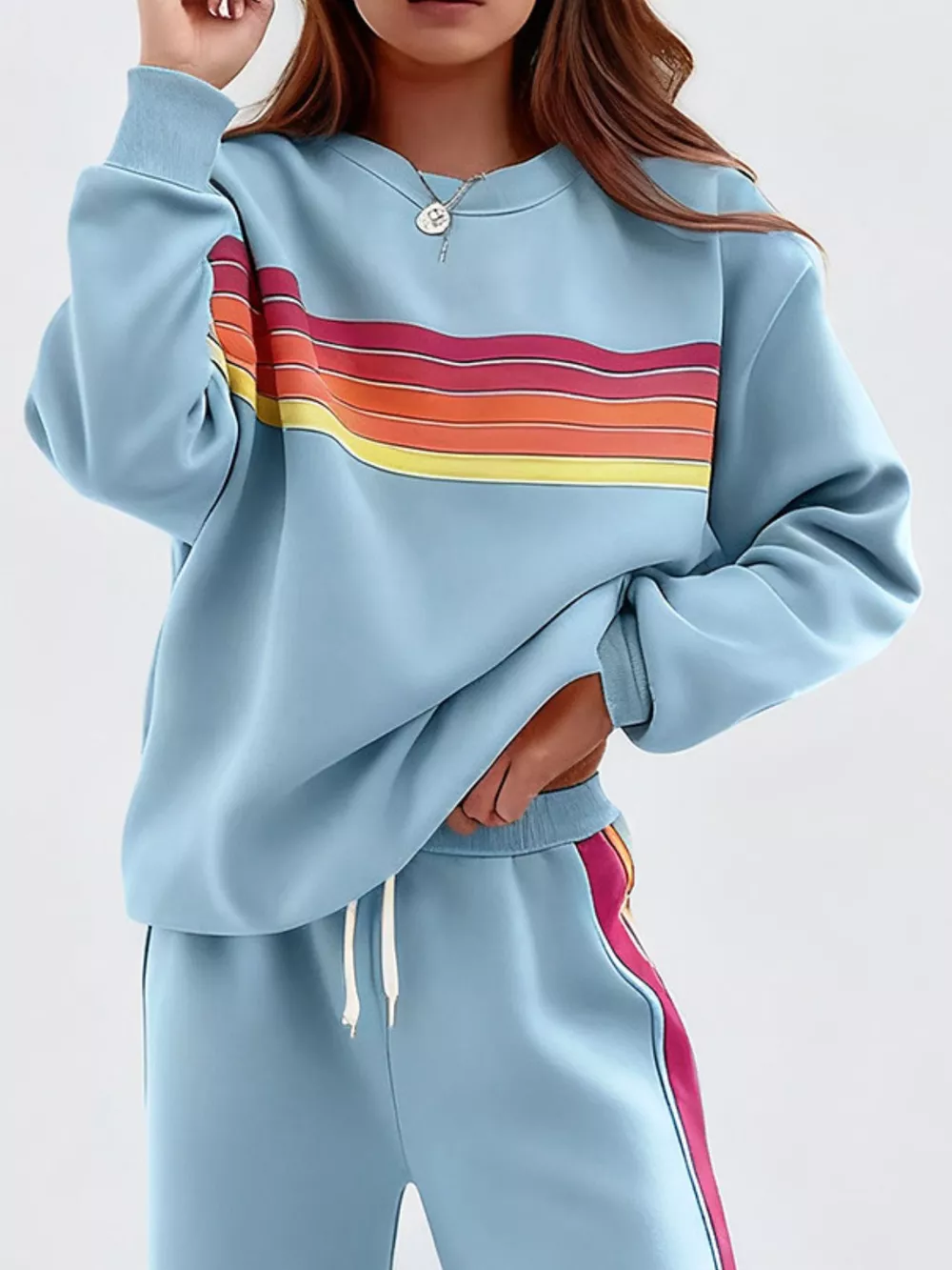 Striped Round Neck Sweatshirt and Pants Set, image 13