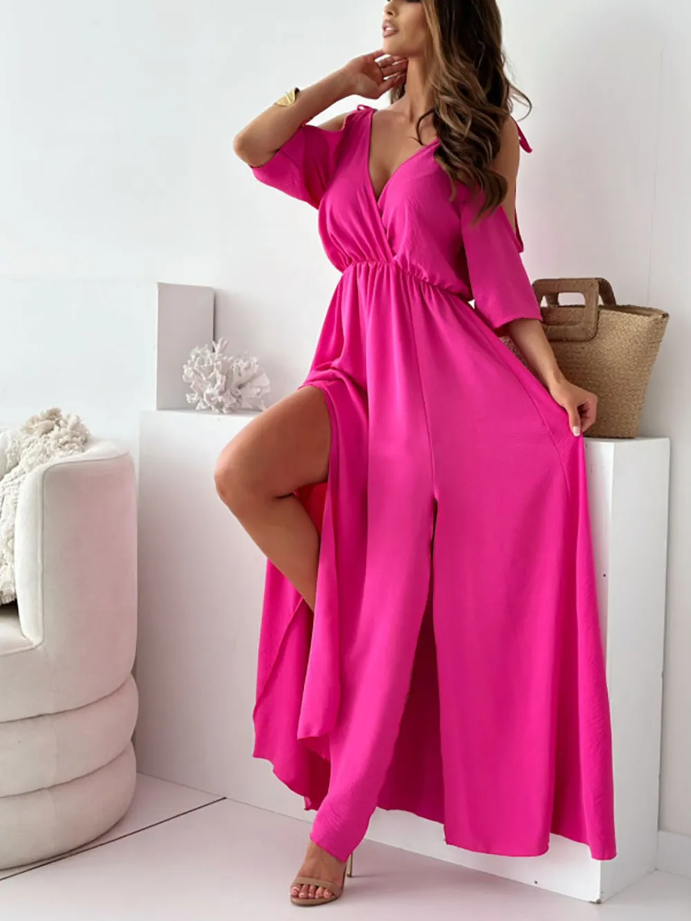 Tied Shoulder Slit Maxi Dress, image 9