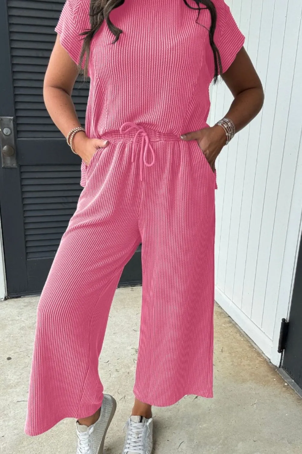 Corded Knit Short Sleeve T-Shirt and Wide Leg Pants Set, image 10
