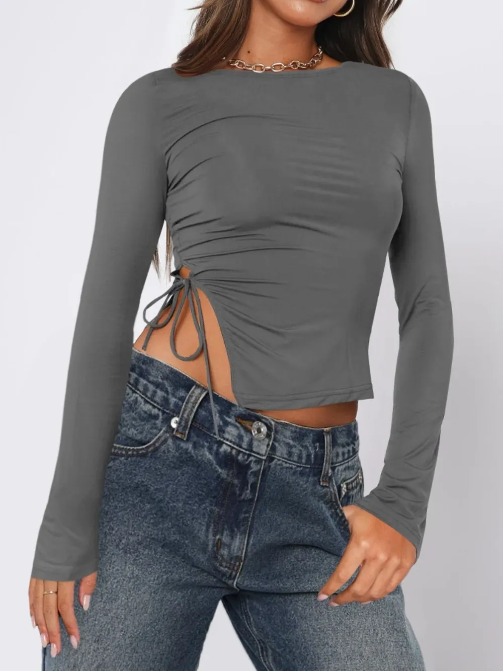 Tied Slit Round Neck Long Sleeve T-Shirt, image 8