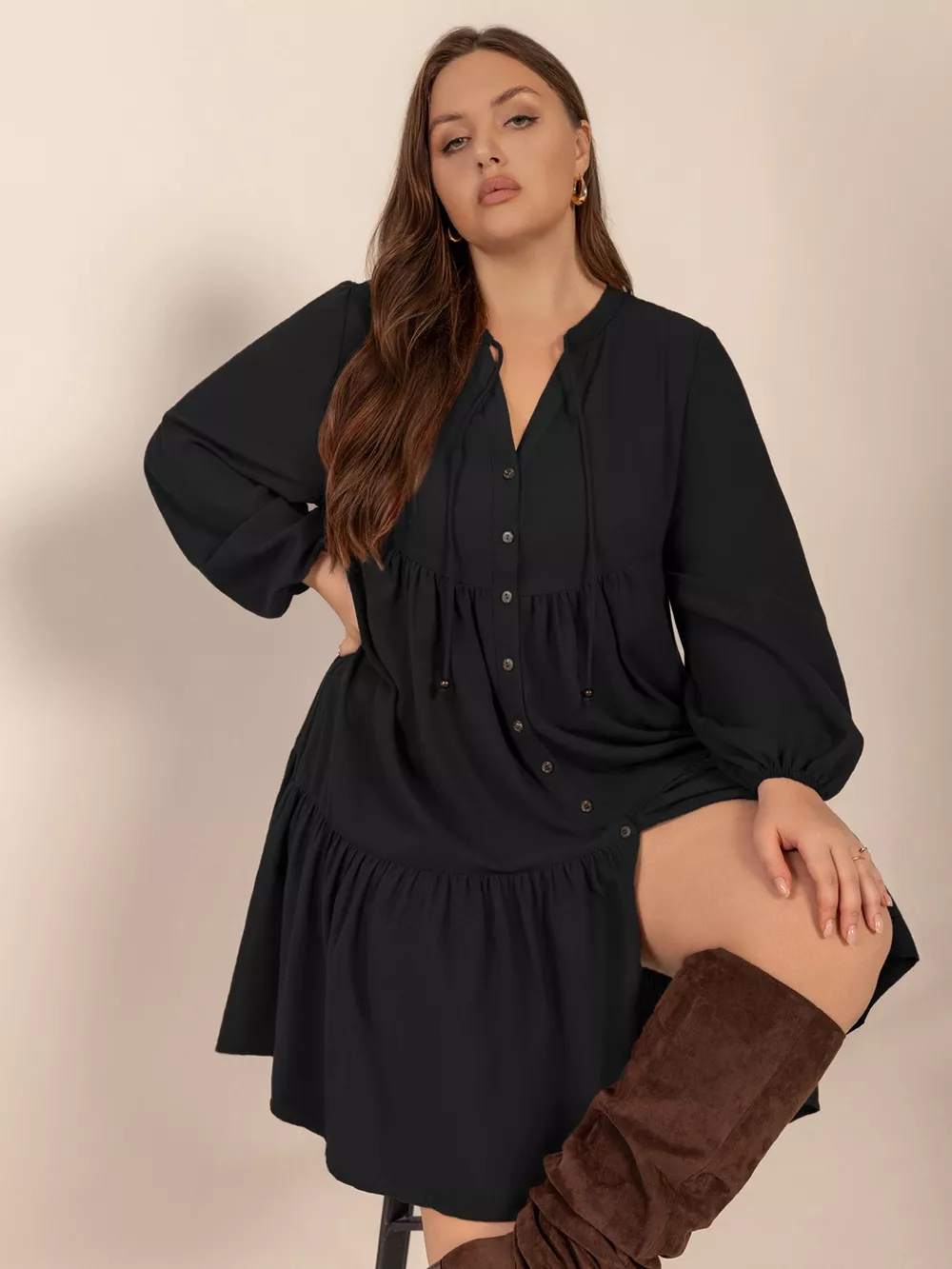Plus Size Button Front Balloon Sleeve Dress, image 5