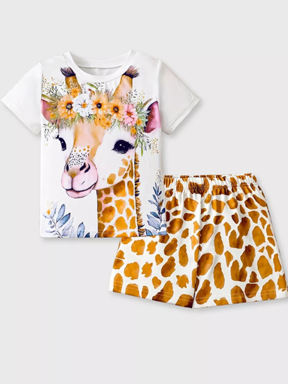Children's Giraffe Floral Crown Print Tee and Shorts Pajama Set