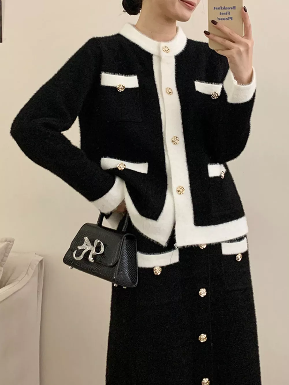 Contrast Trim Jacket and Skirts Sweater Set, image 14