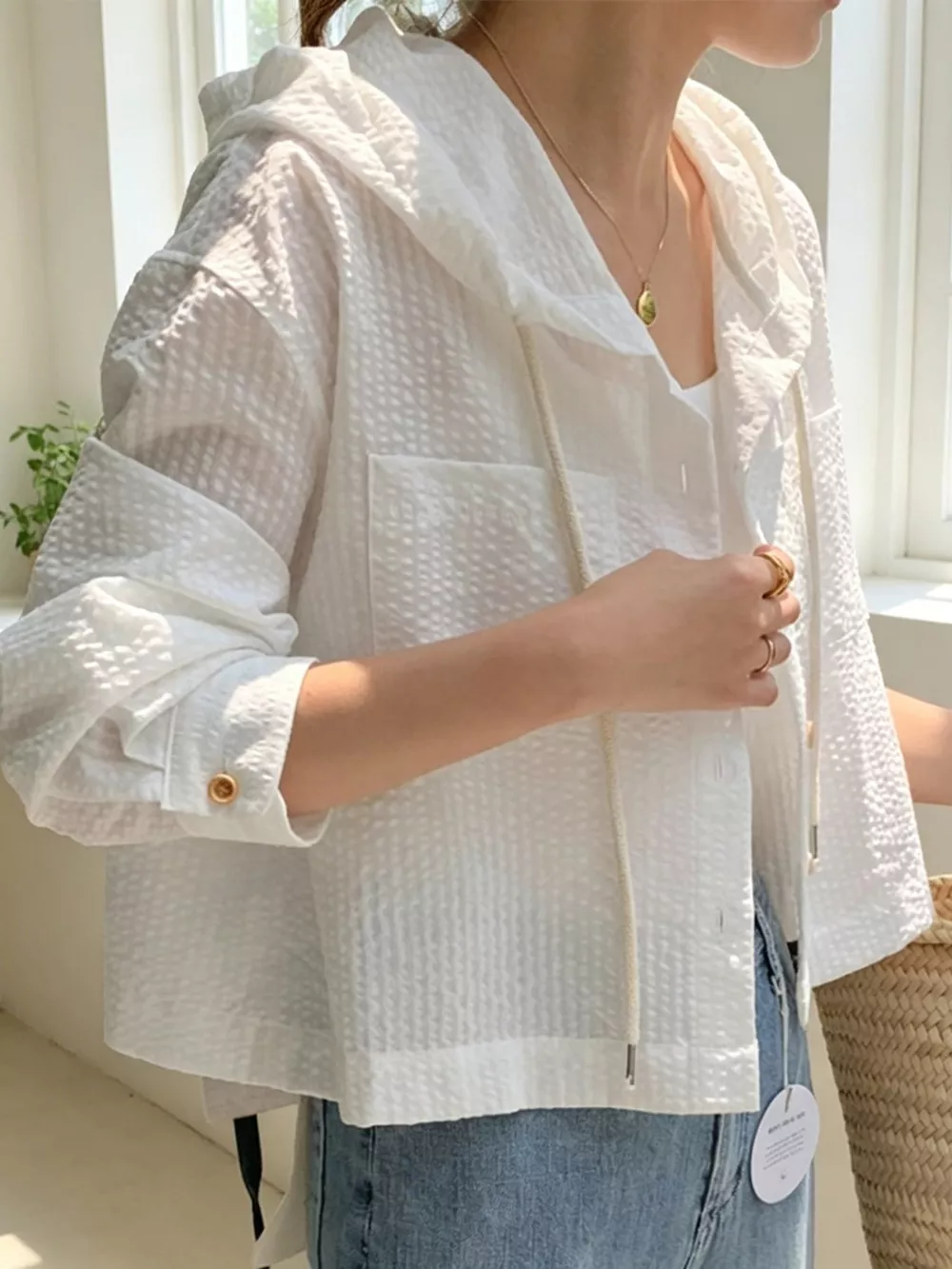 Striped Hooded Shirt with Drawstring Detail, image 8
