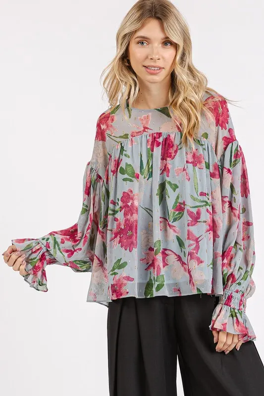 Floral Round Neck Flounce Sleeve Blouse