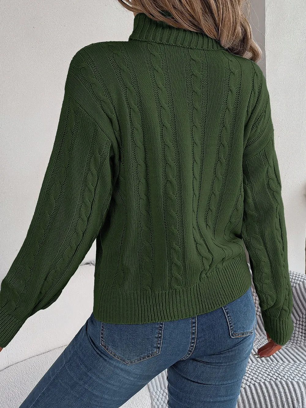 Cable-Knit Turtleneck Dropped Shoulder Sweater, image 11