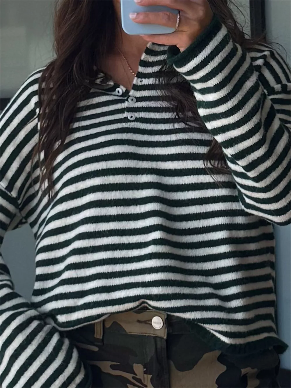 Button Detail Dropped Shoulder Striped Sweater, image 14