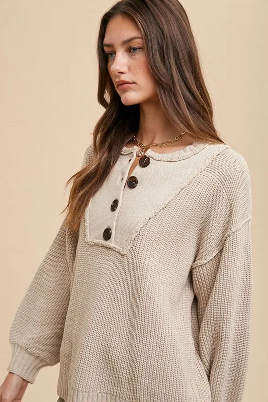 Half Button Ribbed Hem Sweater, image 4