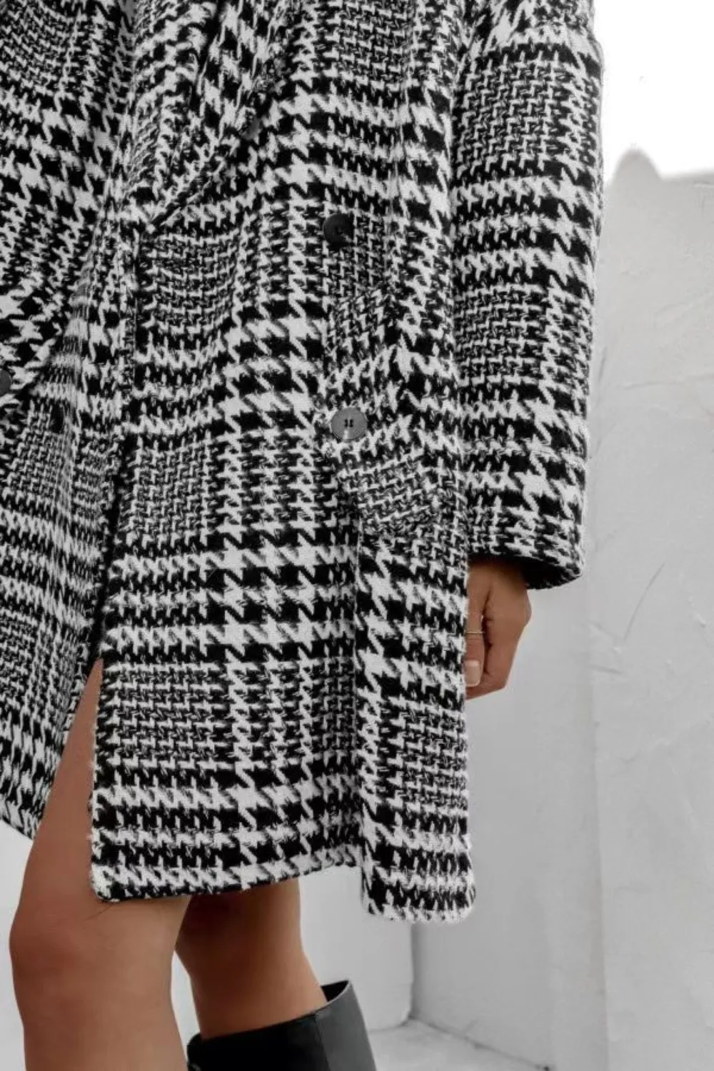 Houndstooth Collared Neck Long Sleeve Coat with Pockets, image 9