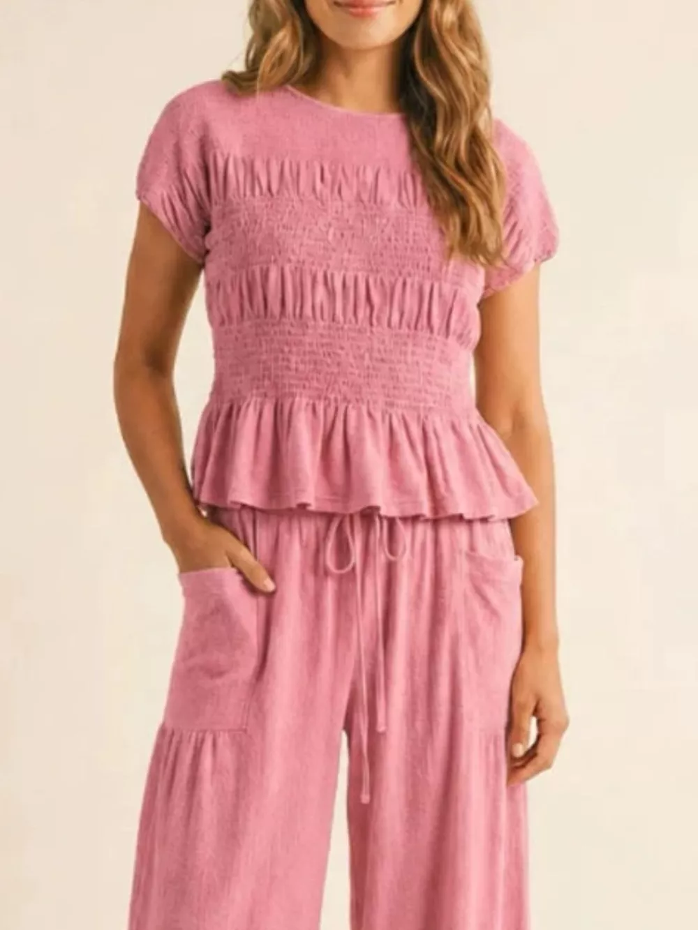 Smocked Peplum Top and Wide-Leg Pants Set, image 2