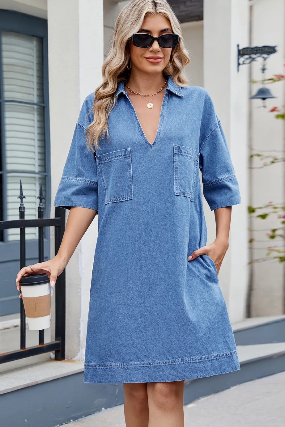 Johnny Collar Half Sleeve Denim Dress, image 10