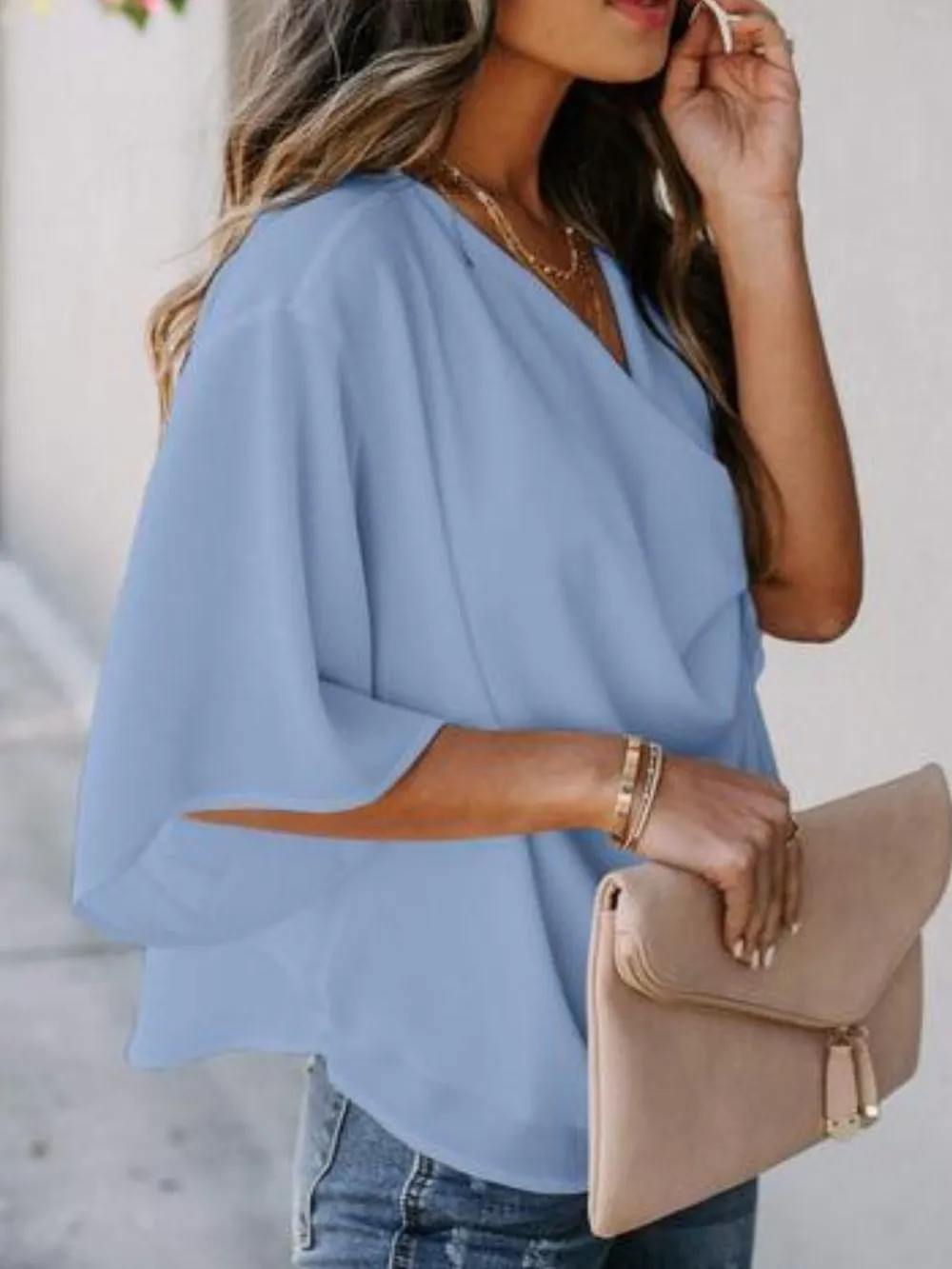 Full Size Ruched Three-Quarter Sleeve Blouse Plus Size, image 15
