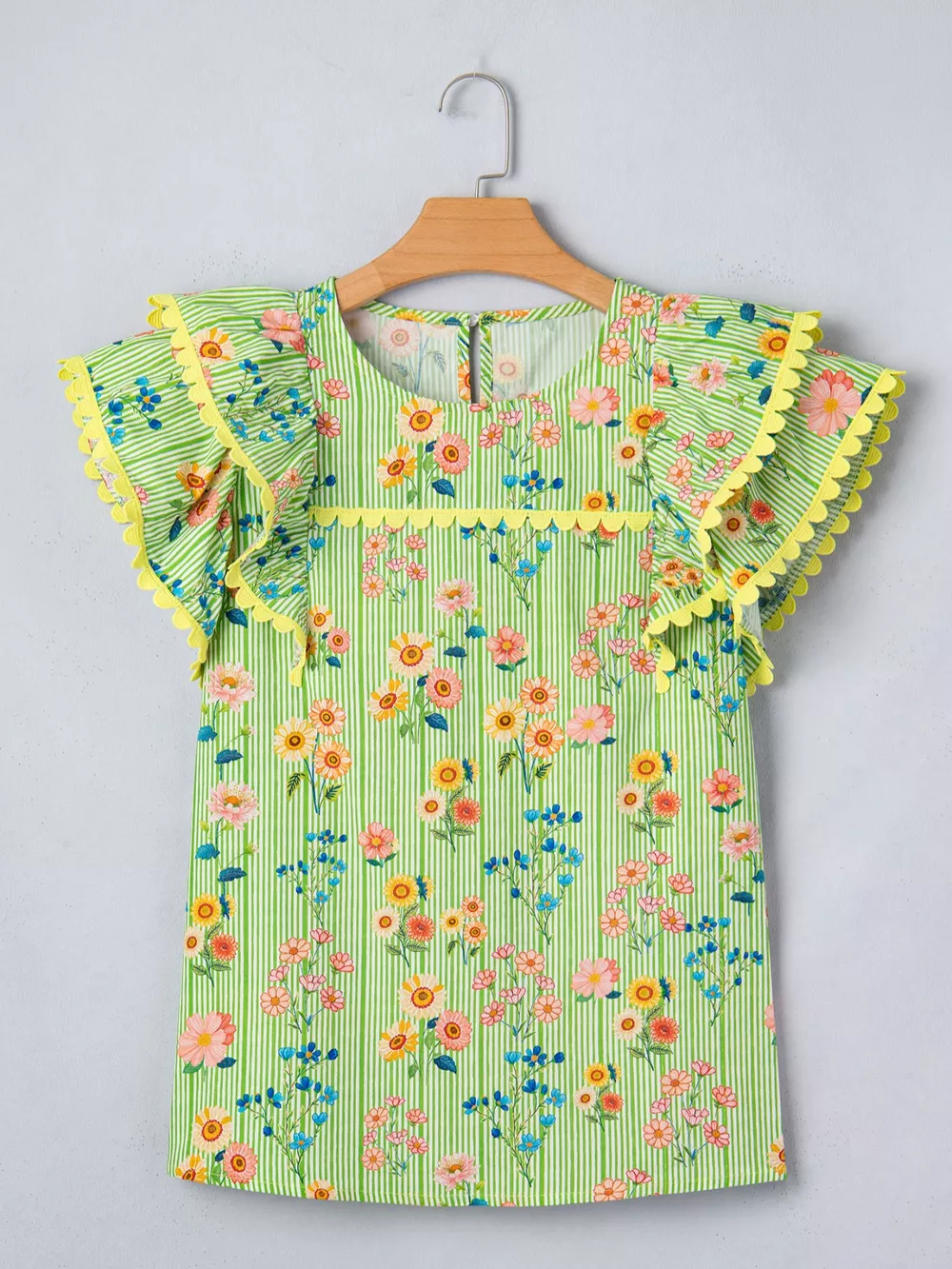 Stripe Floral Printed Scalloped Detail Ruffle Short Sleeve Blouse, image 3