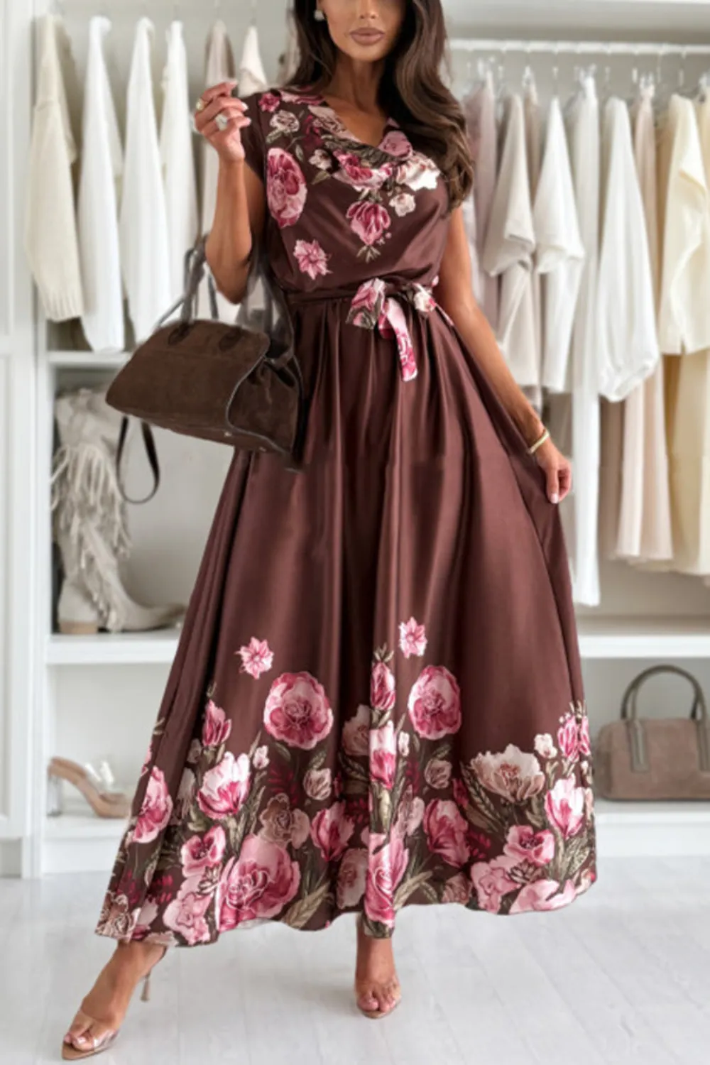 Floral Print Cap Sleeve Dress with Belt, image 5