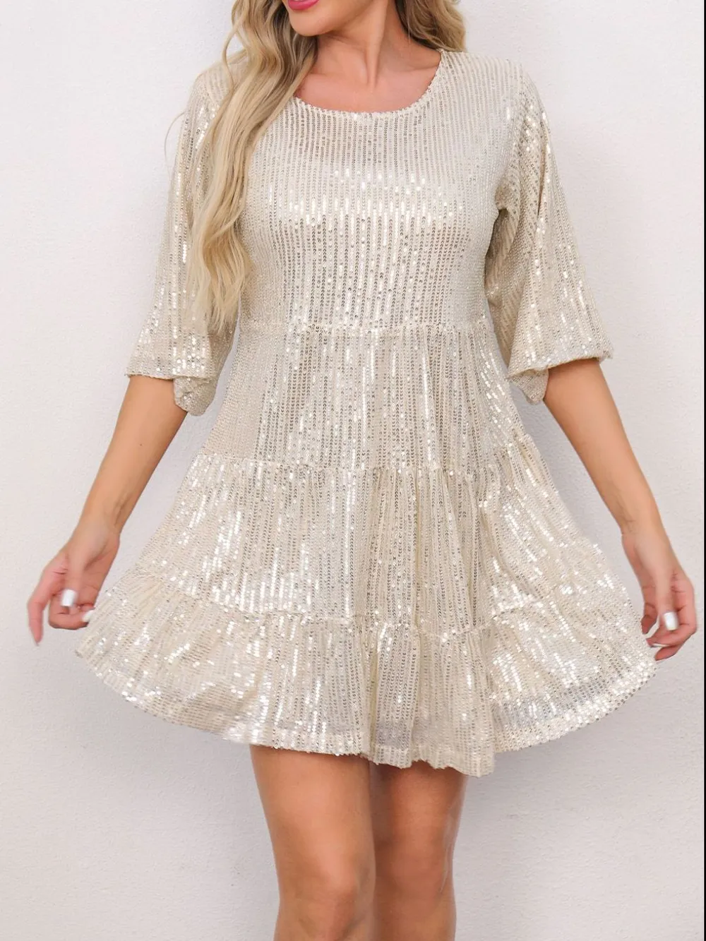 Sequin Round Neck Half Sleeve Mini Dress, image 20