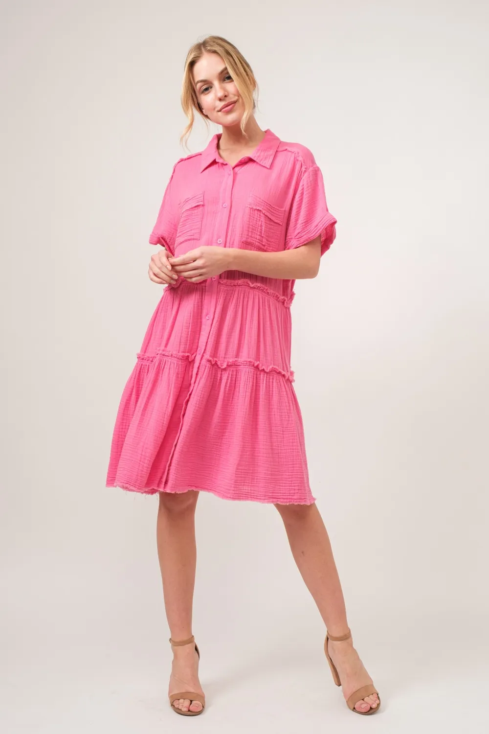Full Size Raw Edge Washed Tiered Shirt Dress, image 5