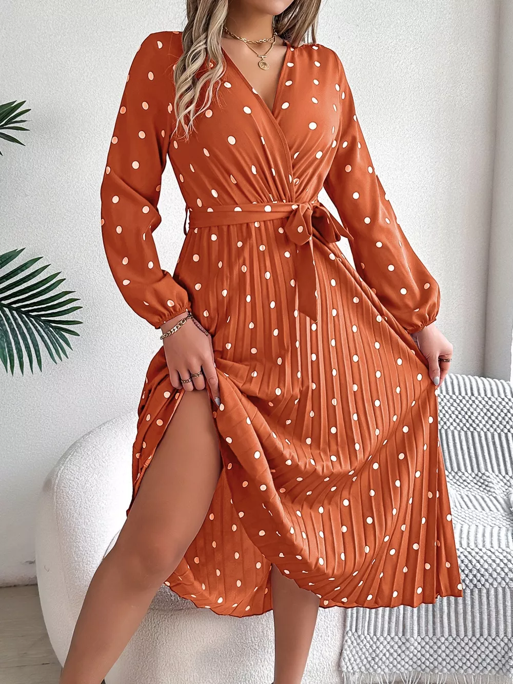 Front Tie Polka Dot Midi Pleated Dress, image 19